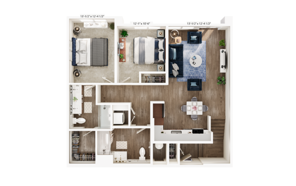Townhome-2 - 2 bedroom floorplan layout with 2 bathrooms and 1087 square feet Townhome-2 - 2 bedroom floorplan layout with 2 bathrooms and 1087 square feet