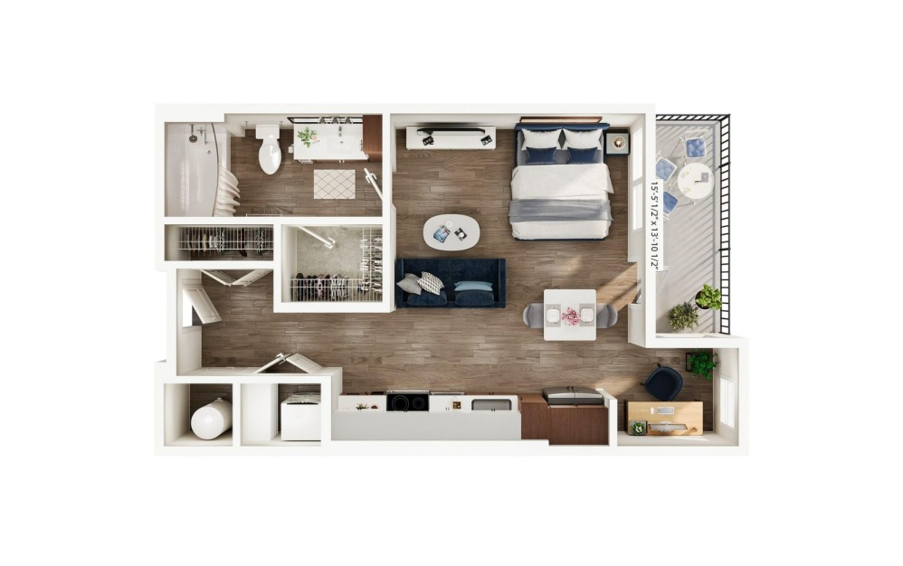 S3 - Studio floorplan layout with 1 bathroom and 630 square feet S3 - Studio floorplan layout with 1 bathroom and 630 square feet